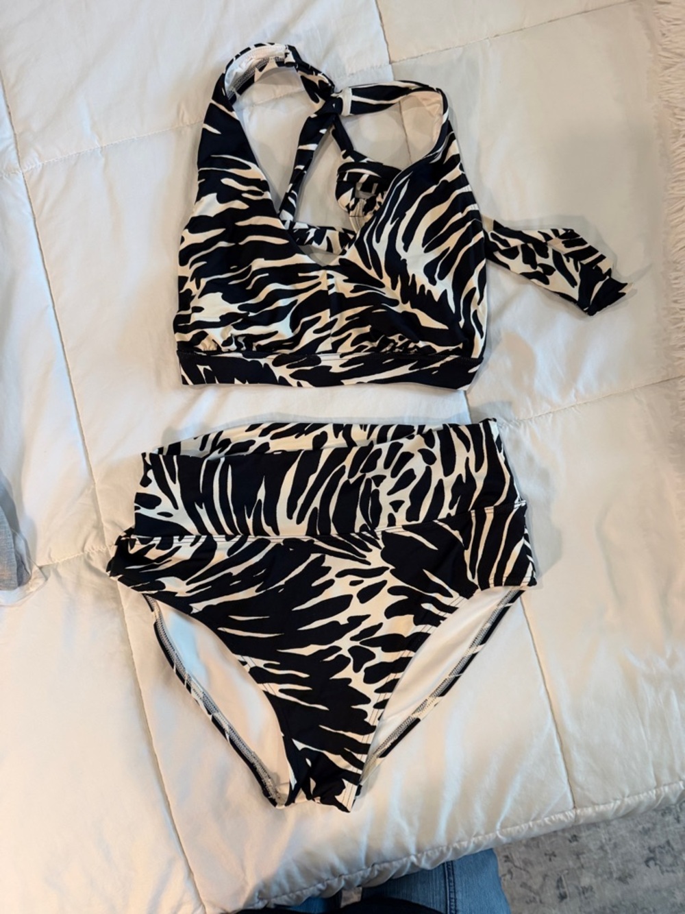 Lands' End Black and White Zebra-Print High-Waist Bikini Set
